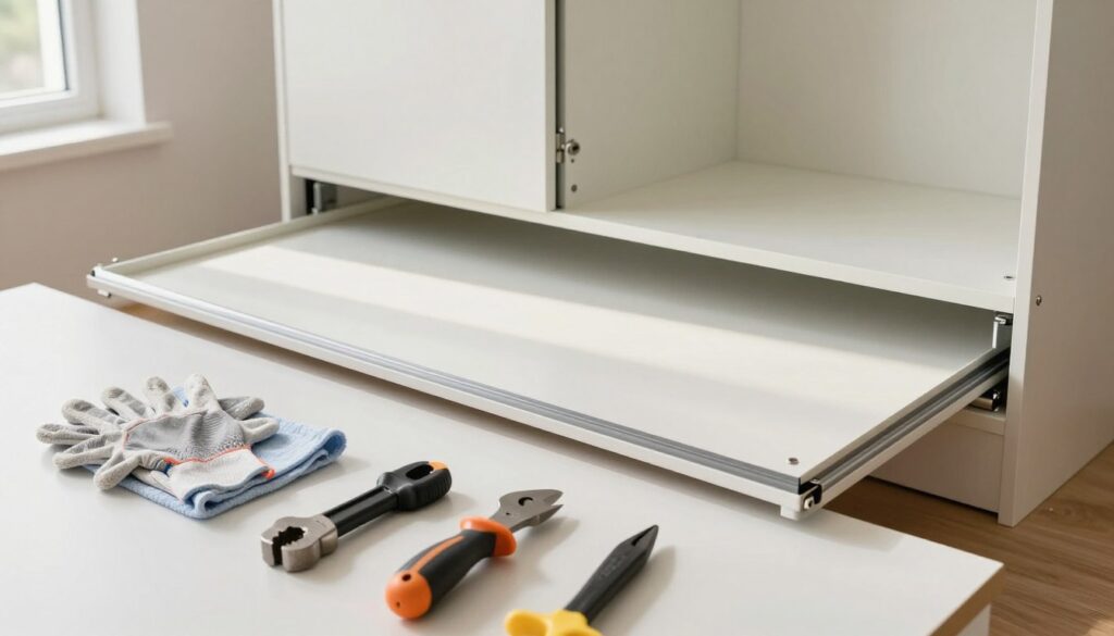 A well-organized workspace set up for safely dismantling sliding doors from a Komandor wardrobe. In the foreground, sturdy work gloves, a soft cloth, and various hand tools neatly laid out on a clean surface. In the middle, a partially disassembled sliding door set against the backdrop of the wardrobe, highlighting careful protection around the edges to prevent damage. The background showcases a well-lit room with soft natural light coming from a nearby window, casting gentle shadows that enhance the calm and focused atmosphere. The angle captures the workspace from a slight overhead perspective, emphasizing the preparation and safety measures taken, creating a clear, professional, and serene mood throughout the scene. A well-organized workspace set up for safely dismantling sliding doors from a Komandor wardrobe. In the foreground, sturdy work gloves, a soft cloth, and various hand tools neatly laid out on a clean surface. In the middle, a partially disassembled sliding door set against the backdrop of the wardrobe, highlighting careful protection around the edges to prevent damage. The background showcases a well-lit room with soft natural light coming from a nearby window, casting gentle shadows that enhance the calm and focused atmosphere. The angle captures the workspace from a slight overhead perspective, emphasizing the preparation and safety measures taken, creating a clear, professional, and serene mood throughout the scene.