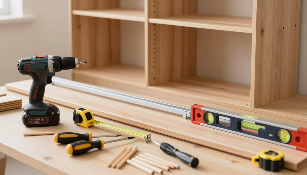 A well-organized workspace showcasing essential tools for assembling a sliding wardrobe. In the foreground, a variety of tools neatly arranged: a cordless drill, a measuring tape, a level, Phillips head screwdrivers, and a set of wooden dowels. In the middle, partially assembled wardrobe components like sliding doors and shelves, presenting how they fit together, with a focus on pre-drilled holes and connectors. In the background, a wall with a soft focus, emphasizing cleanliness and order. Warm, natural lighting creates a welcoming atmosphere, highlighting the sheen of the tools and the grain of the wood. The angle is slightly elevated, capturing the workspace in an inviting, professional manner. The overall mood conveys a sense of practicality and focus on detail. A well-organized workspace showcasing essential tools for assembling a sliding wardrobe. In the foreground, a variety of tools neatly arranged: a cordless drill, a measuring tape, a level, Phillips head screwdrivers, and a set of wooden dowels. In the middle, partially assembled wardrobe components like sliding doors and shelves, presenting how they fit together, with a focus on pre-drilled holes and connectors. In the background, a wall with a soft focus, emphasizing cleanliness and order. Warm, natural lighting creates a welcoming atmosphere, highlighting the sheen of the tools and the grain of the wood. The angle is slightly elevated, capturing the workspace in an inviting, professional manner. The overall mood conveys a sense of practicality and focus on detail.