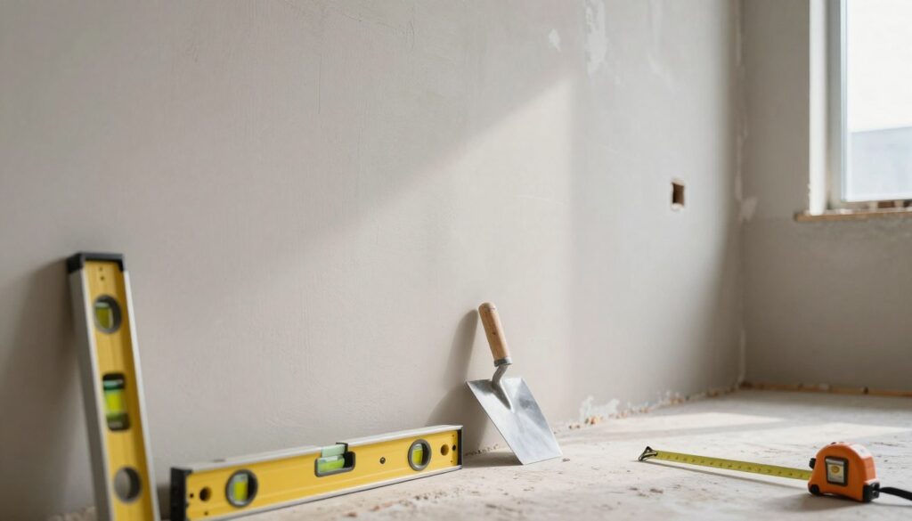A well-prepared wall ready for gypsum stone installation, showcasing a smooth, even surface devoid of imperfections. In the foreground, tools such as a level, trowel, and measuring tape are neatly arranged, emphasizing precision in preparation. In the middle, the wall is framed by a clean workspace, highlighting its texture and structure, with soft shadows casting subtle depth. The background features natural daylight pouring in from a nearby window, creating a warm and inviting atmosphere. The perspective is slightly angled to showcase the depth of the wall preparation, giving an impression of a professional setting. The overall mood is focused and diligent, reflecting the importance of meticulous wall preparation for lasting results.