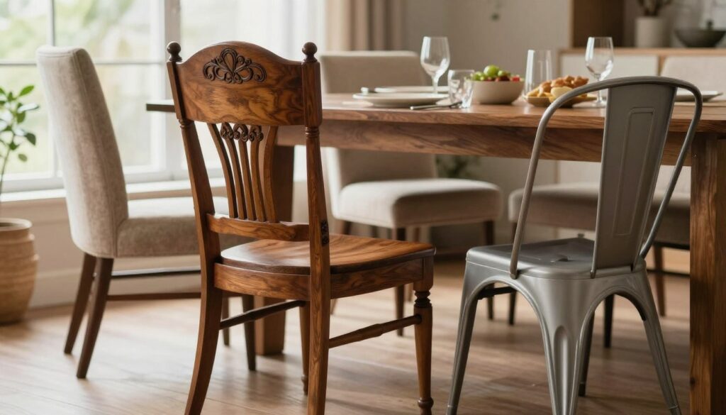 A wooden dining table set in a beautifully arranged interior. In the foreground, an elegant wooden chair with intricate carvings, showcasing a rich mahogany finish. Beside it, a plush upholstered chair in soft fabric, complemented by a sleek metal chair that adds a contemporary touch. The middle ground features the wooden table, set with tasteful tableware, hinting at a cozy dining atmosphere. In the background, soft natural light filters through large windows, creating a warm ambiance, and subtle greenery can be seen outside. The overall mood is inviting and harmonious, emphasizing the blend of materials: wood, upholstery, metal, and plastic. The scene is photographed at a slight angle, showcasing the textures and details of each chair while maintaining a professional and warm feel. A wooden dining table set in a beautifully arranged interior. In the foreground, an elegant wooden chair with intricate carvings, showcasing a rich mahogany finish. Beside it, a plush upholstered chair in soft fabric, complemented by a sleek metal chair that adds a contemporary touch. The middle ground features the wooden table, set with tasteful tableware, hinting at a cozy dining atmosphere. In the background, soft natural light filters through large windows, creating a warm ambiance, and subtle greenery can be seen outside. The overall mood is inviting and harmonious, emphasizing the blend of materials: wood, upholstery, metal, and plastic. The scene is photographed at a slight angle, showcasing the textures and details of each chair while maintaining a professional and warm feel.