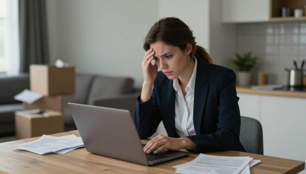 A young adult woman in professional attire sits at a kitchen table cluttered with bills, looking stressed while glancing at a laptop screen. In the background, a small, dimly-lit living room can be seen, reflecting a sense of clutter and temporary living, with boxes and unpacked items. The mood is tense, illuminated by soft, natural light coming through a nearby window, emphasizing shadows that hint at uncertainty and the struggle of living without a permanent address. The camera angle is slightly tilted, creating a dynamic sense of unease as it captures the scene. Overall, the image conveys the emotional and practical challenges of living without official residency, highlighting both the chaos of daily life and the weight of responsibilities.
