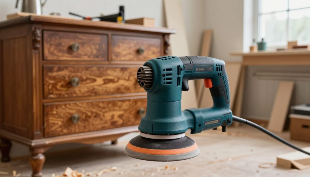 An advanced, high-quality orbital sander prominently displayed in the foreground, showcasing its ergonomic design and various attachments for versatility. In the middle ground, a beautifully restored wooden piece of furniture, such as a vintage dresser, emphasizes the tool's application in furniture renovation. The background features a bright, organized workshop filled with wood shavings and tools, illuminated by soft, natural light filtering through a window. The angle captures both the sander and the furniture, providing a sense of depth. The atmosphere is focused and professional, ideal for a renovation setting, conveying precision and craftsmanship without any distractions.