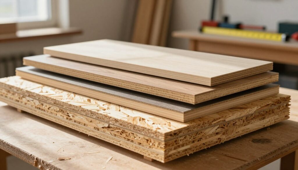 An assortment of OSB (Oriented Strand Board) panels stacked neatly in a well-lit workshop setting, showcasing various thicknesses and finishes. The foreground features a close-up of a piece of OSB, highlighting its textured surface and wood strands, emphasizing strength and durability. In the middle ground, several OSB sheets are vertically displayed, illustrating their size and versatility for furniture construction. The background presents a clean workshop environment with tools and measuring devices, subtly hinting at a DIY atmosphere. Soft natural light streams in from a window, casting gentle shadows, creating a warm and inviting mood. Capture the essence of quality and craftsmanship in building furniture, particularly focusing on moisture-resistant qualities.