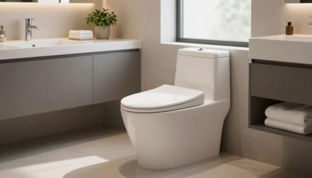 An elegant, modern bathroom featuring a stylish bidet as the focal point. In the foreground, a well-maintained bidet with sleek lines and a contemporary design, reflecting polished chrome fixtures and soft, ambient lighting. In the middle ground, a clean sink area with tasteful decorative elements, such as a small plant and neatly folded towels, enhancing the hygiene and comfort theme. The background showcases soft, neutral-colored walls and gentle, diffused natural light streaming through a frosted window, creating a serene atmosphere. The scene is designed to evoke feelings of relaxation and cleanliness, highlighting the bidet as an essential addition to a modern bathroom. The overall mood is calming and inviting, emphasizing practicality and elegance, suitable for individuals considering upgrading their bathroom experience. An elegant, modern bathroom featuring a stylish bidet as the focal point. In the foreground, a well-maintained bidet with sleek lines and a contemporary design, reflecting polished chrome fixtures and soft, ambient lighting. In the middle ground, a clean sink area with tasteful decorative elements, such as a small plant and neatly folded towels, enhancing the hygiene and comfort theme. The background showcases soft, neutral-colored walls and gentle, diffused natural light streaming through a frosted window, creating a serene atmosphere. The scene is designed to evoke feelings of relaxation and cleanliness, highlighting the bidet as an essential addition to a modern bathroom. The overall mood is calming and inviting, emphasizing practicality and elegance, suitable for individuals considering upgrading their bathroom experience.