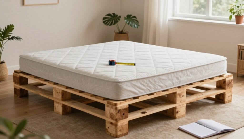 An elegant wooden pallet bed frame, designed to perfectly accommodate a mattress, is displayed prominently in the foreground. The bed is assembled using rustic, recycled pallets arranged in a sturdy, aesthetically pleasing manner. The bed's dimensions are clearly visible, showcasing a snug fit for a standard mattress. In the middle ground, a measuring tape and a notebook lie next to the bed, suggesting a design plan and indicating precise measurements. The background features a softly lit room with warm, natural light filtering in through a window, creating a cozy and inviting atmosphere. A few decorative plants add a touch of freshness, enhancing the overall aesthetic of the space. The composition is balanced and harmonious, emphasizing the practicality and beauty of pallet beds.
