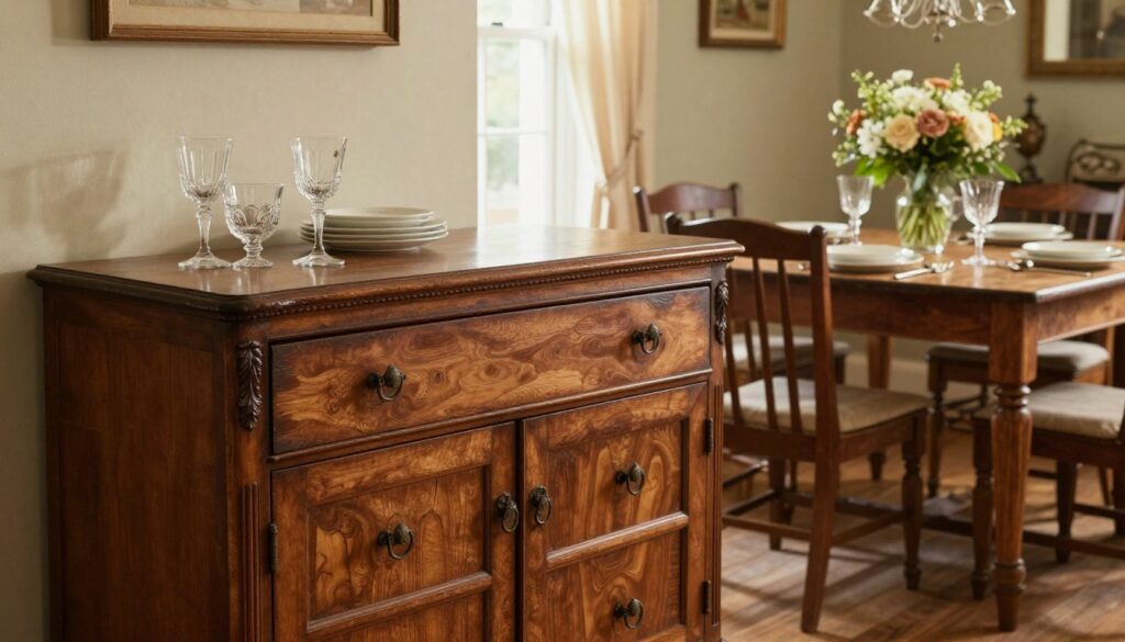 An elegantly restored antique wooden kredens (sideboard) positioned in a cozy, sunlit dining room. In the foreground, the kredens showcases intricate carvings and a polished surface reflecting warm light. Delicate glassware and vintage dishes are artfully arranged inside, adding charm. The middle ground features a rustic wooden table set for a meal, complemented by a tasteful floral arrangement. In the background, soft, ambient lighting streams through a window adorned with sheer curtains, creating a tranquil atmosphere. The overall mood is inviting and nostalgic, perfectly capturing the essence of breathing new life into a cherished piece of furniture. The image is taken from a slightly elevated angle to emphasize the details of the kredens and the inviting space around it. An elegantly restored antique wooden kredens (sideboard) positioned in a cozy, sunlit dining room. In the foreground, the kredens showcases intricate carvings and a polished surface reflecting warm light. Delicate glassware and vintage dishes are artfully arranged inside, adding charm. The middle ground features a rustic wooden table set for a meal, complemented by a tasteful floral arrangement. In the background, soft, ambient lighting streams through a window adorned with sheer curtains, creating a tranquil atmosphere. The overall mood is inviting and nostalgic, perfectly capturing the essence of breathing new life into a cherished piece of furniture. The image is taken from a slightly elevated angle to emphasize the details of the kredens and the inviting space around it.