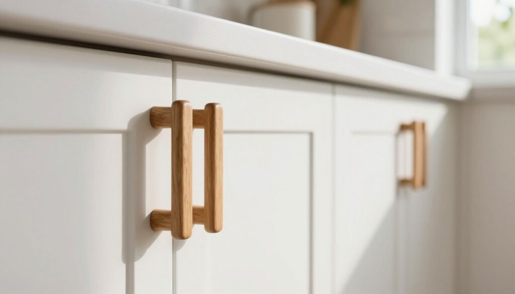 In a bright, modern Scandinavian kitchen featuring white cabinetry, showcase a close-up view of elegant wooden handles that emphasize natural beauty and simplicity. The foreground highlights the textured wood grain of the handles, with warm light reflecting off their smooth surfaces, accentuating their craftsmanship. In the middle, include the pristine white cabinet doors that contrast beautifully with the warm tones of the handles, creating a harmonious blend of materials. Soft natural light filters through a nearby window, casting gentle shadows that enhance the serene atmosphere. In the background, subtle hints of greenery through the window add freshness, reinforcing the theme of nature. The overall mood is inviting, warm, and stylish, perfectly embodying the Scandinavian aesthetic of functional elegance. In a bright, modern Scandinavian kitchen featuring white cabinetry, showcase a close-up view of elegant wooden handles that emphasize natural beauty and simplicity. The foreground highlights the textured wood grain of the handles, with warm light reflecting off their smooth surfaces, accentuating their craftsmanship. In the middle, include the pristine white cabinet doors that contrast beautifully with the warm tones of the handles, creating a harmonious blend of materials. Soft natural light filters through a nearby window, casting gentle shadows that enhance the serene atmosphere. In the background, subtle hints of greenery through the window add freshness, reinforcing the theme of nature. The overall mood is inviting, warm, and stylish, perfectly embodying the Scandinavian aesthetic of functional elegance.