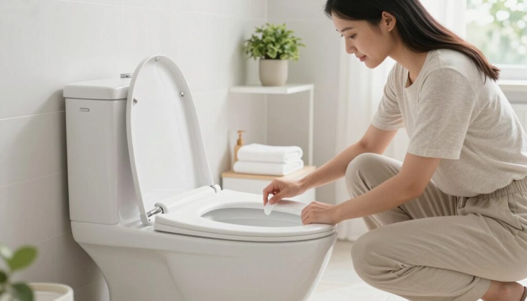 In a bright, modern bathroom, a clean and hygienic bidet is prominently positioned next to a toilet. The scene captures a step-by-step guide for using the bidet after toilet use. In the foreground, a woman in modest casual clothing demonstrates proper posture while using the bidet, showing a relaxed yet focused expression. The middle ground features neatly arranged bathroom accessories, such as towels and a potted plant, to create a sense of order and cleanliness. In the background, soft, natural light streams through a window, enhancing the fresh and inviting atmosphere. The image conveys a mood of tranquility and comfort, ideal for a personal hygiene guide. In a bright, modern bathroom, a clean and hygienic bidet is prominently positioned next to a toilet. The scene captures a step-by-step guide for using the bidet after toilet use. In the foreground, a woman in modest casual clothing demonstrates proper posture while using the bidet, showing a relaxed yet focused expression. The middle ground features neatly arranged bathroom accessories, such as towels and a potted plant, to create a sense of order and cleanliness. In the background, soft, natural light streams through a window, enhancing the fresh and inviting atmosphere. The image conveys a mood of tranquility and comfort, ideal for a personal hygiene guide.