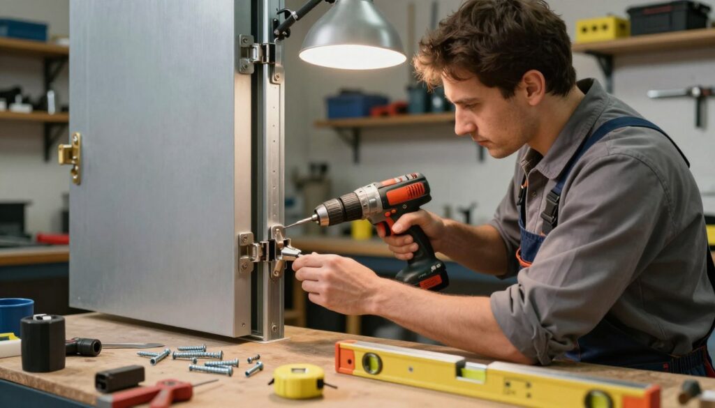 In a well-lit workshop, a professional technician carefully mounts metal hinges on a sturdy metal door frame. The scene captures the technician in modest, professional attire, focusing intently on aligning the hinge, with one hand holding a drill and the other steadying the hinge in place. Various tools are neatly organized on a nearby workbench, including screws, a measuring tape, and a level. The soft glow of an overhead light casts subtle shadows, adding depth to the scene. The background features shelves with additional hardware and safety equipment, emphasizing a tidy and efficient workspace. The atmosphere conveys a sense of diligence and expertise, showcasing the precision necessary to avoid common mistakes during installation.