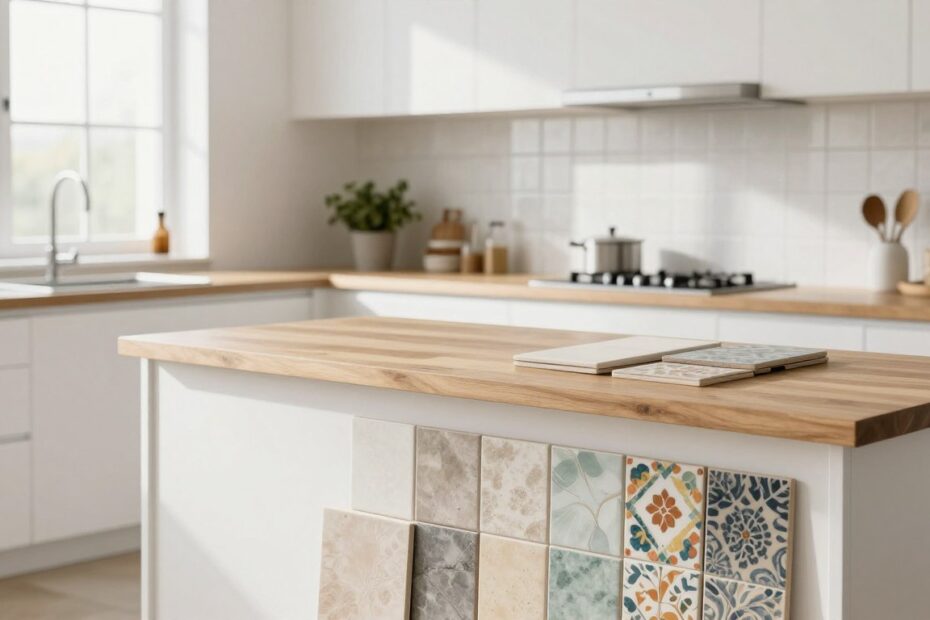 Jakie płytki do białej kuchni z drewnianym blatem