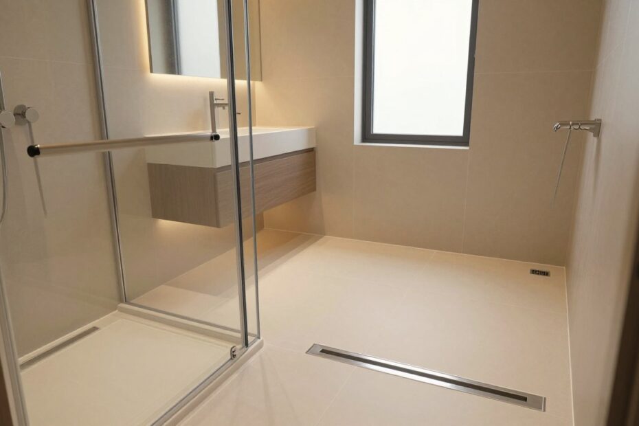 Mała łazienka z odpływem liniowym