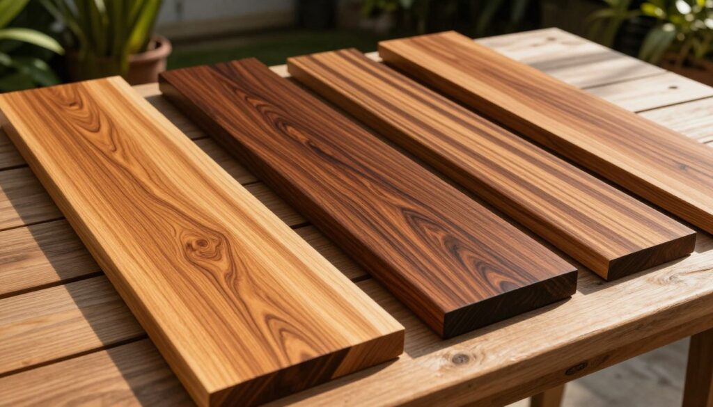 A beautifully arranged collection of exotic wood species suitable for outdoor decking, featuring rich textures and vibrant colors. In the foreground, showcase a piece of warm-toned teak wood with its golden grains, complemented by a deep mahogany slab, and a striking zebrawood panel with its unique striped pattern. The middle ground transitions to varied wood types like Ipe and Merbau, all displayed on a clean, rustic wooden table. In the background, softly blurred greenery hints at a sunlit garden setting, enhancing the natural ambiance. The lighting is warm and inviting, capturing the sheen of the polished wood in an outdoor environment, with sunlight streaming in at a 45-degree angle, casting gentle shadows. The atmosphere is tranquil and sophisticated, perfect for highlighting the beauty of these exceptional wood varieties. A beautifully arranged collection of exotic wood species suitable for outdoor decking, featuring rich textures and vibrant colors. In the foreground, showcase a piece of warm-toned teak wood with its golden grains, complemented by a deep mahogany slab, and a striking zebrawood panel with its unique striped pattern. The middle ground transitions to varied wood types like Ipe and Merbau, all displayed on a clean, rustic wooden table. In the background, softly blurred greenery hints at a sunlit garden setting, enhancing the natural ambiance. The lighting is warm and inviting, capturing the sheen of the polished wood in an outdoor environment, with sunlight streaming in at a 45-degree angle, casting gentle shadows. The atmosphere is tranquil and sophisticated, perfect for highlighting the beauty of these exceptional wood varieties.