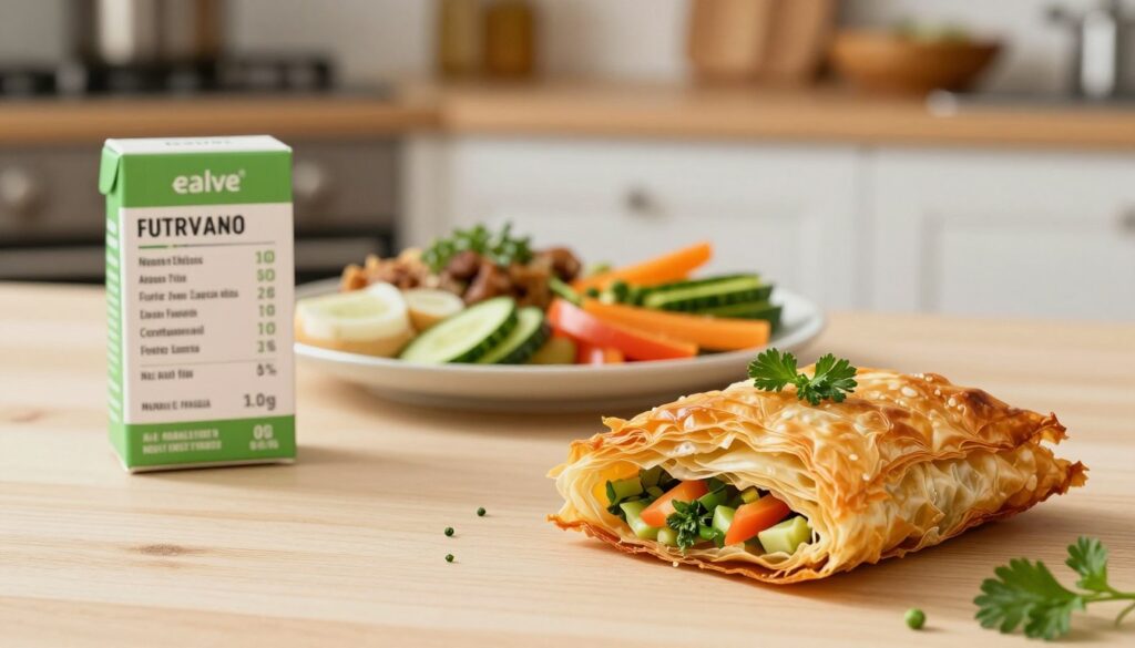 A beautifully arranged display of nutritional information on a light wooden table, featuring a piece of crispy filo pastry prominently in the foreground, garnished with fresh herbs and colorful vegetables. In the middle ground, include an elegant plate with various dishes made from filo, highlighting their versatility. The background should be softly blurred, showcasing a cozy kitchen setting with warm, inviting lighting. Use a macro lens effect to enhance the details of the filo pastry and nutrition labels, capturing textures and colors vividly. The mood should be informative yet inviting, emphasizing healthy eating and culinary creativity. The image should remain free of any text, ensuring a clear focus on the visual aspects of nutritious filo-based dishes. A beautifully arranged display of nutritional information on a light wooden table, featuring a piece of crispy filo pastry prominently in the foreground, garnished with fresh herbs and colorful vegetables. In the middle ground, include an elegant plate with various dishes made from filo, highlighting their versatility. The background should be softly blurred, showcasing a cozy kitchen setting with warm, inviting lighting. Use a macro lens effect to enhance the details of the filo pastry and nutrition labels, capturing textures and colors vividly. The mood should be informative yet inviting, emphasizing healthy eating and culinary creativity. The image should remain free of any text, ensuring a clear focus on the visual aspects of nutritious filo-based dishes.