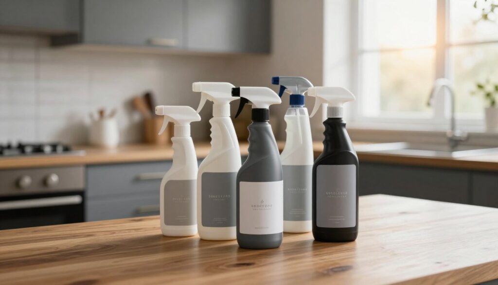 A beautifully arranged scene showcasing professional kitchen cleaning supplies for matte furniture. In the foreground, there's a set of sleek, modern sprays and bottles with elegant labels, neatly arranged on a polished wooden kitchen countertop. In the middle, soft-focus details reveal a contemporary kitchen setting with matte-finish cabinets and countertops, emphasizing their beautiful texture and color. In the background, warm sunlight filters through a window, creating a cozy and inviting atmosphere. The overall mood is one of sophistication and cleanliness, ideal for those seeking to maintain their kitchen furniture's fresh appearance without gloss. The lighting is natural, illuminating the surfaces and reflecting off the products, enhancing their appeal. A beautifully arranged scene showcasing professional kitchen cleaning supplies for matte furniture. In the foreground, there's a set of sleek, modern sprays and bottles with elegant labels, neatly arranged on a polished wooden kitchen countertop. In the middle, soft-focus details reveal a contemporary kitchen setting with matte-finish cabinets and countertops, emphasizing their beautiful texture and color. In the background, warm sunlight filters through a window, creating a cozy and inviting atmosphere. The overall mood is one of sophistication and cleanliness, ideal for those seeking to maintain their kitchen furniture's fresh appearance without gloss. The lighting is natural, illuminating the surfaces and reflecting off the products, enhancing their appeal.