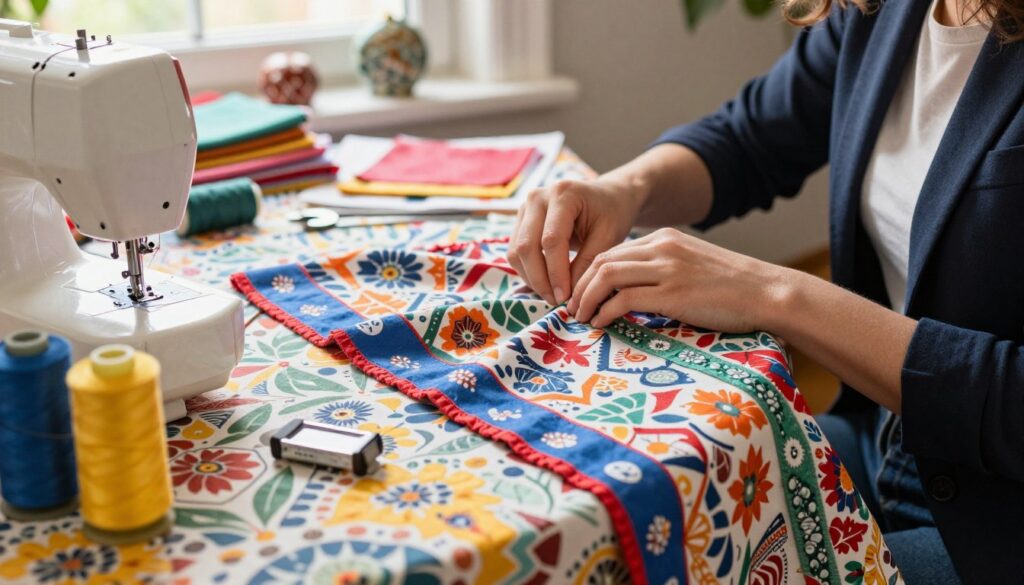 A beautifully arranged sewing workspace featuring a vibrant, patterned tablecloth being creatively edged with contrasting fabric. In the foreground, there's a sewing machine with bright, colorful spools of thread beside it, showcasing the tools of the craft. The middle layer displays hands of a person in a smart-casual outfit, carefully sewing the fabric edges together, emphasizing the step-by-step process. In the background, a soft, warm light filters through a window, illuminating a neatly organized table with additional fabric swatches and decorative embellishments. The atmosphere is creative and inviting, reflecting the joy of DIY projects and home decoration. The focus is sharp on the sewing activity, with a shallow depth of field that softly blurs the background, highlighting the craftsmanship in the foreground. A beautifully arranged sewing workspace featuring a vibrant, patterned tablecloth being creatively edged with contrasting fabric. In the foreground, there's a sewing machine with bright, colorful spools of thread beside it, showcasing the tools of the craft. The middle layer displays hands of a person in a smart-casual outfit, carefully sewing the fabric edges together, emphasizing the step-by-step process. In the background, a soft, warm light filters through a window, illuminating a neatly organized table with additional fabric swatches and decorative embellishments. The atmosphere is creative and inviting, reflecting the joy of DIY projects and home decoration. The focus is sharp on the sewing activity, with a shallow depth of field that softly blurs the background, highlighting the craftsmanship in the foreground.