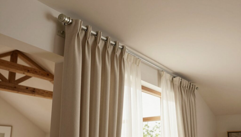 A beautifully designed attic space featuring an angled ceiling, showcasing an elegant karnisz installed on a sloped wall. The foreground includes a close-up view of the karnisz, highlighting its unique mounting system and stylish curtain rings. In the middle, flowing curtains cascade down, perfectly fitted to the non-standard window shape, allowing soft, natural light to filter through. The background reveals the cozy atmosphere of the attic, with wooden beams and warm tones, enhancing the inviting mood. The scene is well-lit, emphasizing the textures of the fabric and the craftsmanship of the karnisz. The perspective is shot from a slightly low angle to accentuate the steepness of the ceiling and the charm of the space, creating a professional yet homely ambiance. A beautifully designed attic space featuring an angled ceiling, showcasing an elegant karnisz installed on a sloped wall. The foreground includes a close-up view of the karnisz, highlighting its unique mounting system and stylish curtain rings. In the middle, flowing curtains cascade down, perfectly fitted to the non-standard window shape, allowing soft, natural light to filter through. The background reveals the cozy atmosphere of the attic, with wooden beams and warm tones, enhancing the inviting mood. The scene is well-lit, emphasizing the textures of the fabric and the craftsmanship of the karnisz. The perspective is shot from a slightly low angle to accentuate the steepness of the ceiling and the charm of the space, creating a professional yet homely ambiance.