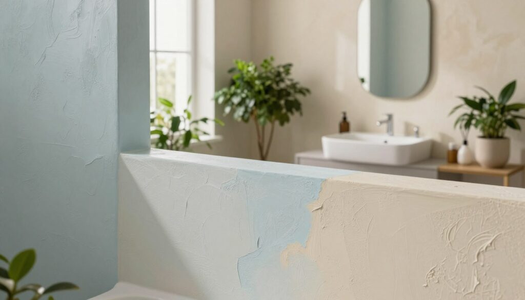A beautifully designed bathroom featuring decorative plaster (tynk dekoracyjny) on the walls, emphasizing moisture-resistant qualities. In the foreground, showcase smooth, textured plaster in soft pastel colors, like light blue and creamy beige. The middle ground includes elegant bathroom fixtures, such as a modern sink and stylish mirror, surrounded by lush potted plants for a fresh ambiance. In the background, softly lit windows allow natural light to filter in, enhancing the serene atmosphere. The overall scene should exude calmness and sophistication, reflecting a space that marries functionality with aesthetic appeal. Use warm, diffused lighting to create a welcoming vibe, and shoot from a slightly elevated angle to capture the full essence of the bathroom’s design. A beautifully designed bathroom featuring decorative plaster (tynk dekoracyjny) on the walls, emphasizing moisture-resistant qualities. In the foreground, showcase smooth, textured plaster in soft pastel colors, like light blue and creamy beige. The middle ground includes elegant bathroom fixtures, such as a modern sink and stylish mirror, surrounded by lush potted plants for a fresh ambiance. In the background, softly lit windows allow natural light to filter in, enhancing the serene atmosphere. The overall scene should exude calmness and sophistication, reflecting a space that marries functionality with aesthetic appeal. Use warm, diffused lighting to create a welcoming vibe, and shoot from a slightly elevated angle to capture the full essence of the bathroom’s design.