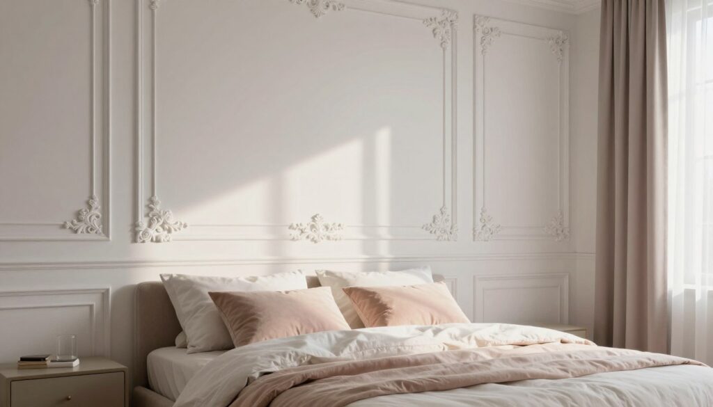 A beautifully designed bedroom showcasing elegant wall moldings in a classic style, emphasizing the intricate craftsmanship of "sztukateria." In the foreground, a neatly made bed with luxurious linens and plush pillows invites warmth and comfort. The middle ground highlights ornate wall paneling with soft white and pastel accents, complemented by decorative crown molding. The background features a tasteful, muted color palette to enhance the classic elegance, with soft natural light streaming in through sheer curtains, creating a serene atmosphere. Capture the essence of refinement with a focus on symmetry and sophisticated design elements, all shot from a slightly elevated angle to provide depth and perspective, evoking a peaceful and inviting ambiance. A beautifully designed bedroom showcasing elegant wall moldings in a classic style, emphasizing the intricate craftsmanship of "sztukateria." In the foreground, a neatly made bed with luxurious linens and plush pillows invites warmth and comfort. The middle ground highlights ornate wall paneling with soft white and pastel accents, complemented by decorative crown molding. The background features a tasteful, muted color palette to enhance the classic elegance, with soft natural light streaming in through sheer curtains, creating a serene atmosphere. Capture the essence of refinement with a focus on symmetry and sophisticated design elements, all shot from a slightly elevated angle to provide depth and perspective, evoking a peaceful and inviting ambiance.