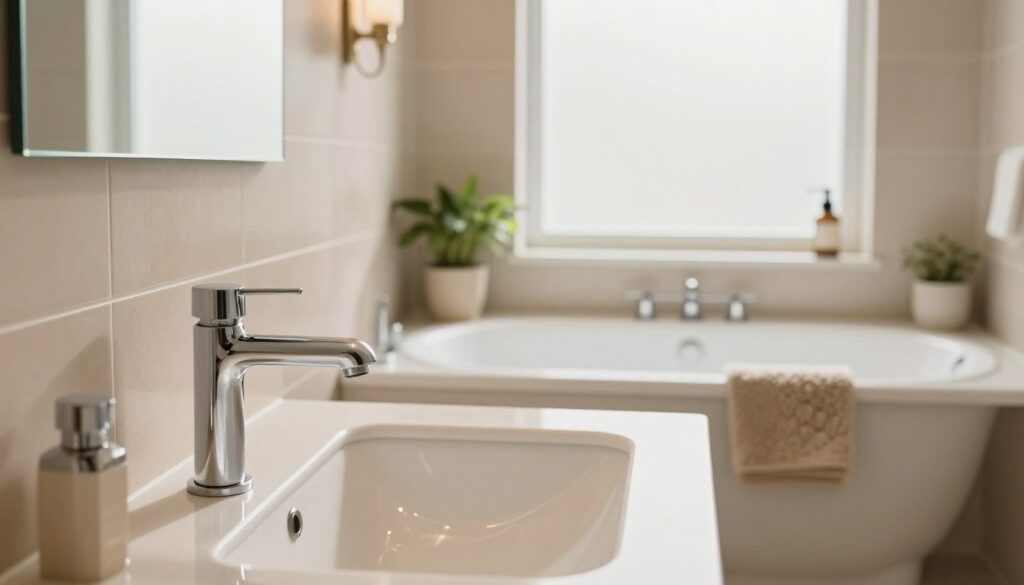 A beautifully designed beige bathroom featuring elegant chrome fixtures. In the foreground, showcase a modern sink with a sleek, minimalist faucet that reflects light with a polished sheen. The middle ground displays a stylish bathtub surrounded by tasteful decorative accents, like potted plants and textured towels in complementary neutral tones. The background features soft beige walls with coordinated tile work, creating a warm and inviting atmosphere. Natural light filters in through a large frosted window, casting gentle shadows that enhance the ambience. The overall mood is serene and sophisticated, emphasizing the role of functional yet stylish bathroom fixtures in setting the character of an inviting space. A beautifully designed beige bathroom featuring elegant chrome fixtures. In the foreground, showcase a modern sink with a sleek, minimalist faucet that reflects light with a polished sheen. The middle ground displays a stylish bathtub surrounded by tasteful decorative accents, like potted plants and textured towels in complementary neutral tones. The background features soft beige walls with coordinated tile work, creating a warm and inviting atmosphere. Natural light filters in through a large frosted window, casting gentle shadows that enhance the ambience. The overall mood is serene and sophisticated, emphasizing the role of functional yet stylish bathroom fixtures in setting the character of an inviting space.