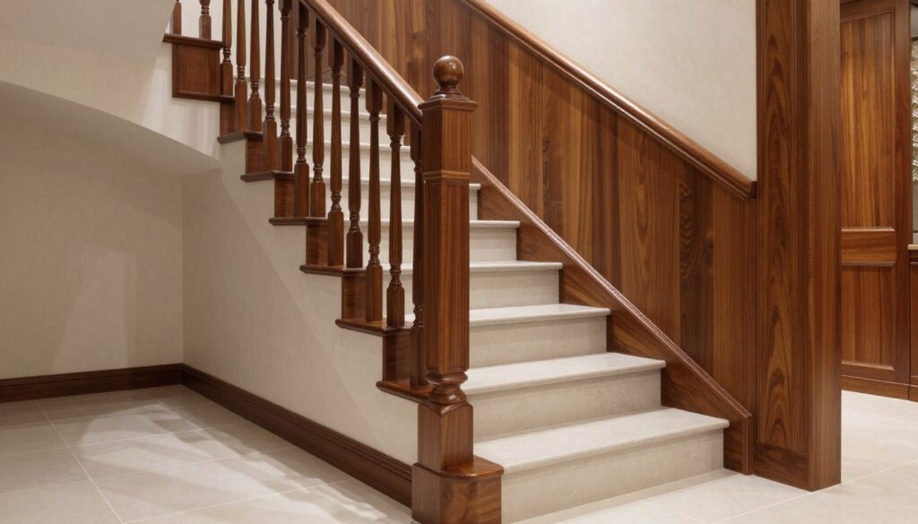 A beautifully designed indoor staircase, showcasing a blend of wooden finishes and sleek ceramic tiles, with a focus on the aesthetic edge details and elegant skirting. The stairs feature a smooth, polished wood railing that complements the rich grain of the wooden steps. Soft, ambient lighting highlights the textures and colors of the materials used, casting gentle shadows that enhance the three-dimensionality of the staircase. In the background, a well-lit room complements the design, with a tastefully decorated wall that echoes the warm tones of the wood. The angle of the shot captures the staircase from a slightly elevated perspective, emphasizing its grandeur and inviting nature, creating a serene and sophisticated atmosphere ideal for a modern interior. A beautifully designed indoor staircase, showcasing a blend of wooden finishes and sleek ceramic tiles, with a focus on the aesthetic edge details and elegant skirting. The stairs feature a smooth, polished wood railing that complements the rich grain of the wooden steps. Soft, ambient lighting highlights the textures and colors of the materials used, casting gentle shadows that enhance the three-dimensionality of the staircase. In the background, a well-lit room complements the design, with a tastefully decorated wall that echoes the warm tones of the wood. The angle of the shot captures the staircase from a slightly elevated perspective, emphasizing its grandeur and inviting nature, creating a serene and sophisticated atmosphere ideal for a modern interior.