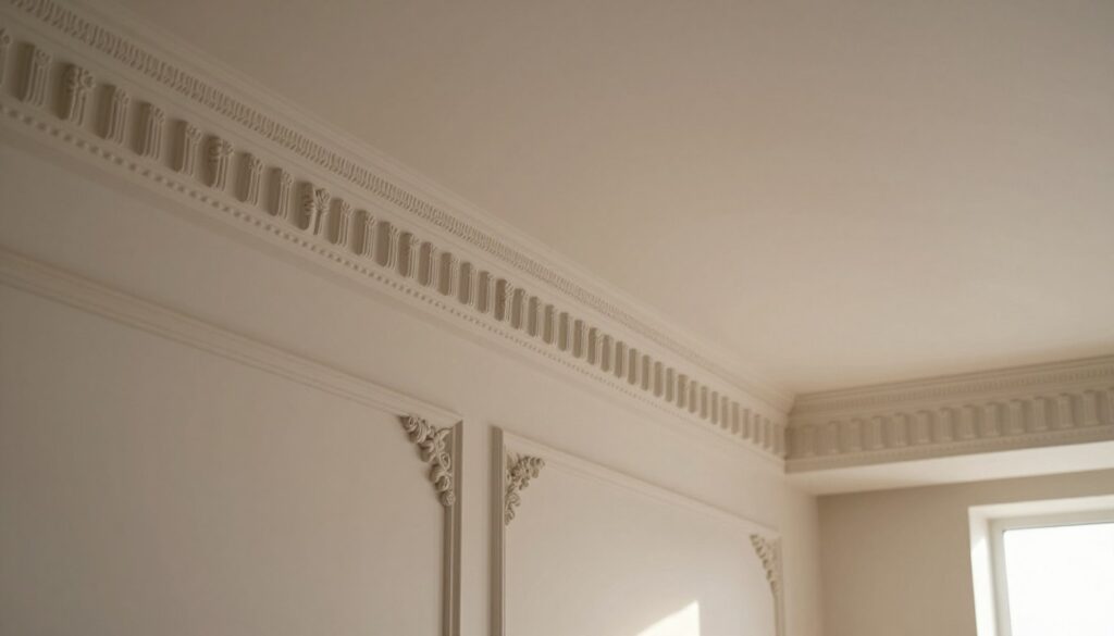 A beautifully designed interior room showcasing decorative ceiling moldings and cornices, emphasizing the craftsmanship of decorative trims. In the foreground, a close-up view of elegant, intricately detailed plaster crown moldings contrasts against the smooth wall surface, drawing attention to their ornate features. The middle background features a softly lit room with a cozy atmosphere, showcasing a subtly textured ceiling that vanishes into the moldings. Natural light streams in through a window, casting gentle shadows that highlight the depth of the decorations. The color palette leans towards warm neutrals, creating an inviting ambiance. Capture the sense of elegance and sophistication that decorative molding brings to home interiors, without any figures or distractions in the scene. A beautifully designed interior room showcasing decorative ceiling moldings and cornices, emphasizing the craftsmanship of decorative trims. In the foreground, a close-up view of elegant, intricately detailed plaster crown moldings contrasts against the smooth wall surface, drawing attention to their ornate features. The middle background features a softly lit room with a cozy atmosphere, showcasing a subtly textured ceiling that vanishes into the moldings. Natural light streams in through a window, casting gentle shadows that highlight the depth of the decorations. The color palette leans towards warm neutrals, creating an inviting ambiance. Capture the sense of elegance and sophistication that decorative molding brings to home interiors, without any figures or distractions in the scene.