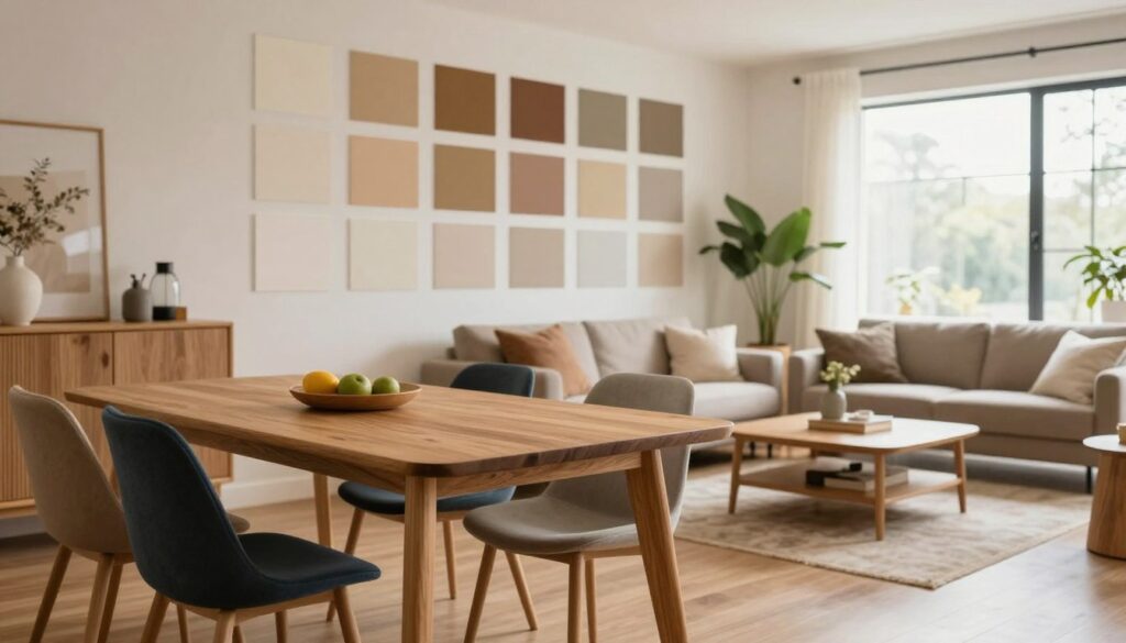 A beautifully designed interior space featuring oak furniture in the Sonoma style, showcasing common color combination mistakes. In the foreground, a modern living room with a warm oak dining table set amidst mismatched chairs that clash in color. In the middle, a well-decorated wall displaying shades of paint that do not harmonize with the oak tones, illustrating frequent color pairing errors. In the background, a soft-lit ambiance with large windows allowing natural light to create a cozy atmosphere, with plants adding a touch of greenery. The overall mood is educational yet inviting, encouraging viewers to learn about effective color matching in home decor. No people are present in the scene, ensuring focus on the design elements. A beautifully designed interior space featuring oak furniture in the Sonoma style, showcasing common color combination mistakes. In the foreground, a modern living room with a warm oak dining table set amidst mismatched chairs that clash in color. In the middle, a well-decorated wall displaying shades of paint that do not harmonize with the oak tones, illustrating frequent color pairing errors. In the background, a soft-lit ambiance with large windows allowing natural light to create a cozy atmosphere, with plants adding a touch of greenery. The overall mood is educational yet inviting, encouraging viewers to learn about effective color matching in home decor. No people are present in the scene, ensuring focus on the design elements.