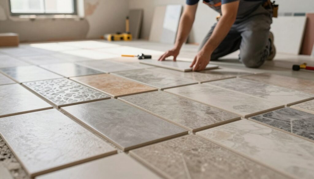 A beautifully designed interior space focusing on directional tiles arranged methodically on the floor. The foreground features a close-up of the tiles, displaying various patterns and finishes—matte, glossy, and textured surfaces that catch the light. In the middle ground, a professional installer, dressed in neat work attire, carefully aligns the tiles, showcasing precise craftsmanship. The background captures a partially completed wall with complementary colors and tools subtly placed, hinting at the project's scale. Warm, natural lighting streams in from a nearby window, illuminating the scene with a soft, inviting glow. The atmosphere conveys a sense of professionalism and meticulous attention to detail in tile installation, emphasizing an organized and cohesive design approach. A beautifully designed interior space focusing on directional tiles arranged methodically on the floor. The foreground features a close-up of the tiles, displaying various patterns and finishes—matte, glossy, and textured surfaces that catch the light. In the middle ground, a professional installer, dressed in neat work attire, carefully aligns the tiles, showcasing precise craftsmanship. The background captures a partially completed wall with complementary colors and tools subtly placed, hinting at the project's scale. Warm, natural lighting streams in from a nearby window, illuminating the scene with a soft, inviting glow. The atmosphere conveys a sense of professionalism and meticulous attention to detail in tile installation, emphasizing an organized and cohesive design approach.