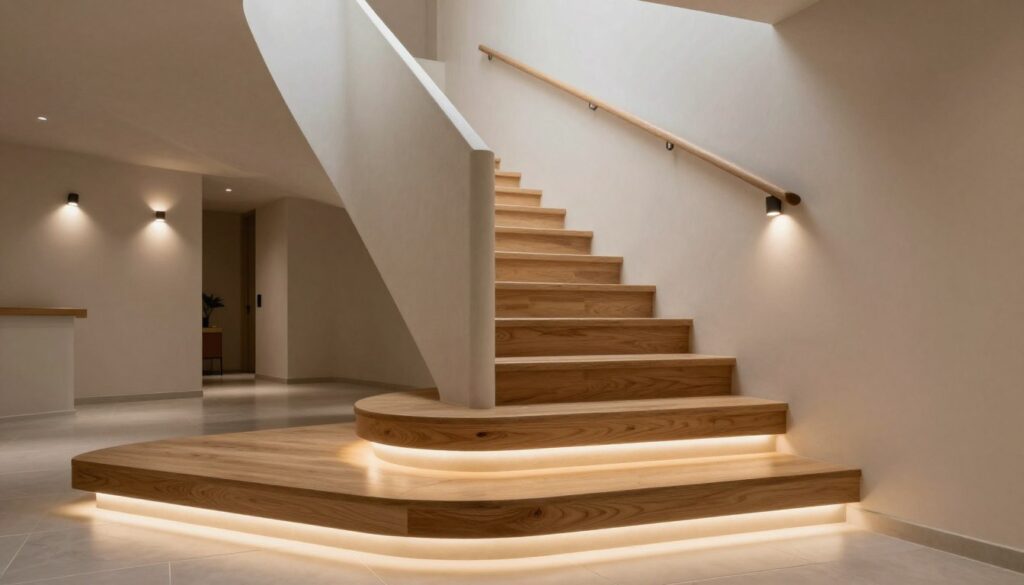 A beautifully designed interior staircase featuring elegant wood steps, tastefully combined with sleek tiles and smooth microcement accents. The focus is on innovative lighting solutions highlighting the staircase's curves and textures. In the foreground, soft, warm LED strips illuminate the edges of the steps, creating a welcoming glow. The middle layer showcases the staircase rising gracefully, flanked by subtle wall sconces casting soft shadows, enhancing the materials' natural beauty. In the background, a well-decorated hallway with minimalistic decor, emphasizing the functional beauty of the staircase. The overall atmosphere is calm and inviting, with a modern touch, captured from a slightly elevated angle to convey depth and elegance. The lighting is soft yet effective, creating a cozy and sophisticated ambiance. A beautifully designed interior staircase featuring elegant wood steps, tastefully combined with sleek tiles and smooth microcement accents. The focus is on innovative lighting solutions highlighting the staircase's curves and textures. In the foreground, soft, warm LED strips illuminate the edges of the steps, creating a welcoming glow. The middle layer showcases the staircase rising gracefully, flanked by subtle wall sconces casting soft shadows, enhancing the materials' natural beauty. In the background, a well-decorated hallway with minimalistic decor, emphasizing the functional beauty of the staircase. The overall atmosphere is calm and inviting, with a modern touch, captured from a slightly elevated angle to convey depth and elegance. The lighting is soft yet effective, creating a cozy and sophisticated ambiance.