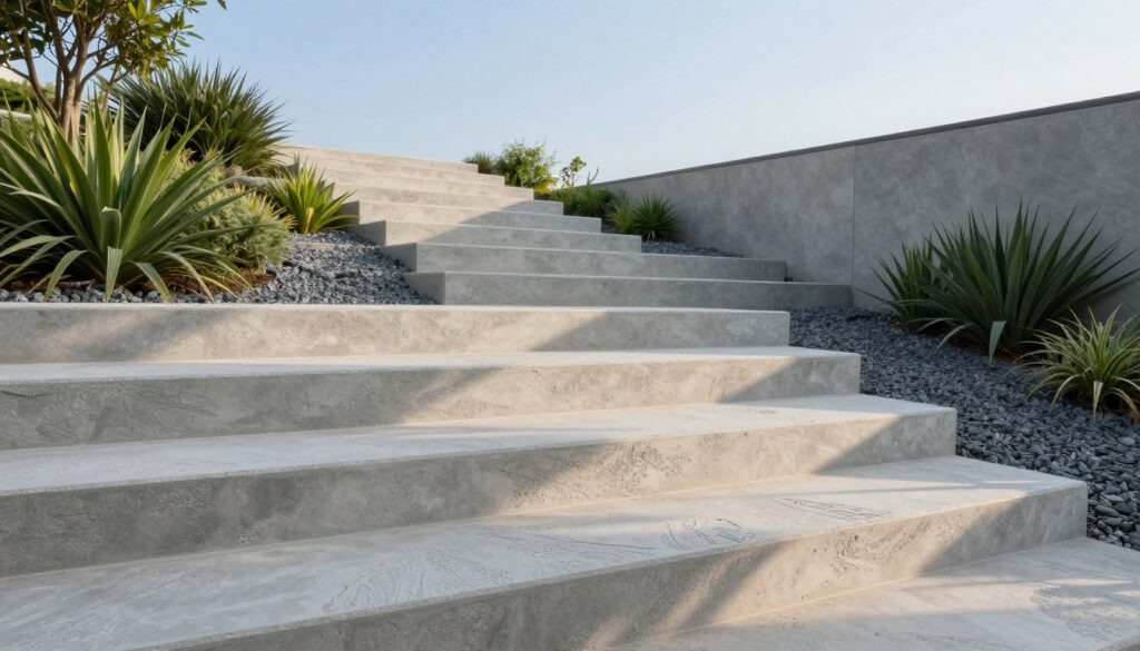 A beautifully designed outdoor staircase made of decorative concrete, showcasing its unique textures and patterns. The foreground features the smooth, non-slip surface of the steps, with intricate designs that catch the light. The middle ground includes surrounding landscaping, such as lush green plants and stylish gravel pathways that enhance the modern aesthetic. The background displays a clear blue sky with soft, natural lighting that highlights the features of the staircase. The perspective is a low-angle shot, emphasizing the elegant rise of the steps. The overall mood is serene and contemporary, reflecting durability and sophistication, perfect for outdoor settings. A beautifully designed outdoor staircase made of decorative concrete, showcasing its unique textures and patterns. The foreground features the smooth, non-slip surface of the steps, with intricate designs that catch the light. The middle ground includes surrounding landscaping, such as lush green plants and stylish gravel pathways that enhance the modern aesthetic. The background displays a clear blue sky with soft, natural lighting that highlights the features of the staircase. The perspective is a low-angle shot, emphasizing the elegant rise of the steps. The overall mood is serene and contemporary, reflecting durability and sophistication, perfect for outdoor settings.