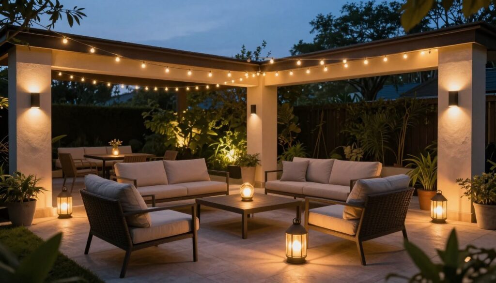 A beautifully designed terrace at dusk, showcasing a cozy seating area illuminated by strategically placed lighting sources. In the foreground, there are elegant outdoor furniture pieces like cushioned chairs and a low table, with soft lanterns casting a warm glow. In the middle, delicate fairy lights hang overhead, creating a magical ambiance, while subtle wall-mounted sconces highlight the structure of the terrace. In the background, lush greenery subtly backlit enhances the serene atmosphere. The scene captures the inviting warmth of the space, reflecting a peaceful evening setting. Shot from a slightly elevated angle, the image should convey safety and comfort, with a focus on thoughtful lighting placement to enhance the overall mood. A beautifully designed terrace at dusk, showcasing a cozy seating area illuminated by strategically placed lighting sources. In the foreground, there are elegant outdoor furniture pieces like cushioned chairs and a low table, with soft lanterns casting a warm glow. In the middle, delicate fairy lights hang overhead, creating a magical ambiance, while subtle wall-mounted sconces highlight the structure of the terrace. In the background, lush greenery subtly backlit enhances the serene atmosphere. The scene captures the inviting warmth of the space, reflecting a peaceful evening setting. Shot from a slightly elevated angle, the image should convey safety and comfort, with a focus on thoughtful lighting placement to enhance the overall mood.