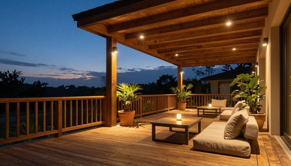 A beautifully lit wooden terrace during dusk, featuring elegant, strategically placed outdoor lights. In the foreground, showcase a cozy seating area with comfortable cushions and a small table surrounded by warm, ambient lighting. In the middle ground, include a sturdy wooden railing and potted plants that add greenery and texture. The background displays a serene night sky gradually transitioning to twilight, with soft glows emanating from recessed lights on the overhead covering of the terrace, illuminating the wooden beams. The overall atmosphere is inviting and tranquil, emphasizing the way effective lighting enhances safety while creating a warm, welcoming environment for evening gatherings. The image should capture the essence of outdoor relaxation and stylish illumination. A beautifully lit wooden terrace during dusk, featuring elegant, strategically placed outdoor lights. In the foreground, showcase a cozy seating area with comfortable cushions and a small table surrounded by warm, ambient lighting. In the middle ground, include a sturdy wooden railing and potted plants that add greenery and texture. The background displays a serene night sky gradually transitioning to twilight, with soft glows emanating from recessed lights on the overhead covering of the terrace, illuminating the wooden beams. The overall atmosphere is inviting and tranquil, emphasizing the way effective lighting enhances safety while creating a warm, welcoming environment for evening gatherings. The image should capture the essence of outdoor relaxation and stylish illumination.