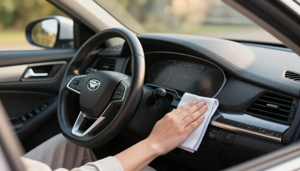 A beautifully organized car interior showcasing a detailed cockpit area, with a focus on the dashboard and steering wheel. The dashboard is clean and glossy, accentuated by a professional-grade dressing product being applied to enhance its shine and protect the plastic surfaces. In the foreground, a hand in a clean, modest, casual outfit is gently polishing the dashboard with a microfiber cloth. The middle ground features the steering wheel and instrument panel, demonstrating the effects of the dressing, making the plastics glimmer under natural sunlight. In the background, you can see the car’s windshield with a soft blur, creating a cozy and inviting atmosphere. The lighting is warm, highlighting the textures of the plastics and the smoothness of the dressing, evoking a sense of cleanliness and care for the vehicle. A beautifully organized car interior showcasing a detailed cockpit area, with a focus on the dashboard and steering wheel. The dashboard is clean and glossy, accentuated by a professional-grade dressing product being applied to enhance its shine and protect the plastic surfaces. In the foreground, a hand in a clean, modest, casual outfit is gently polishing the dashboard with a microfiber cloth. The middle ground features the steering wheel and instrument panel, demonstrating the effects of the dressing, making the plastics glimmer under natural sunlight. In the background, you can see the car’s windshield with a soft blur, creating a cozy and inviting atmosphere. The lighting is warm, highlighting the textures of the plastics and the smoothness of the dressing, evoking a sense of cleanliness and care for the vehicle.