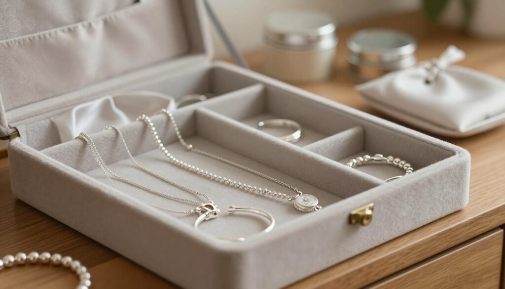 A beautifully organized jewelry box, elegantly displaying various pieces of silver jewelry such as necklaces, bracelets, and rings. The foreground features a velvet-lined compartment with sparkling silver items, reflecting soft, natural light. The middle ground shows the open jewelry box on a wooden dresser, adorned with delicate silk cloth as a backdrop, creating a warm and inviting atmosphere. In the background, soft focus highlights a subtle arrangement of additional storage options, like anti-tarnish pouches and tamper-proof containers. The image captures a serene, tidy space, emphasizing proper care and storage techniques for silver jewelry to prevent tarnishing. The lighting is gentle and highlights the sheen of the silver, with a refined and elegant mood. A beautifully organized jewelry box, elegantly displaying various pieces of silver jewelry such as necklaces, bracelets, and rings. The foreground features a velvet-lined compartment with sparkling silver items, reflecting soft, natural light. The middle ground shows the open jewelry box on a wooden dresser, adorned with delicate silk cloth as a backdrop, creating a warm and inviting atmosphere. In the background, soft focus highlights a subtle arrangement of additional storage options, like anti-tarnish pouches and tamper-proof containers. The image captures a serene, tidy space, emphasizing proper care and storage techniques for silver jewelry to prevent tarnishing. The lighting is gentle and highlights the sheen of the silver, with a refined and elegant mood.