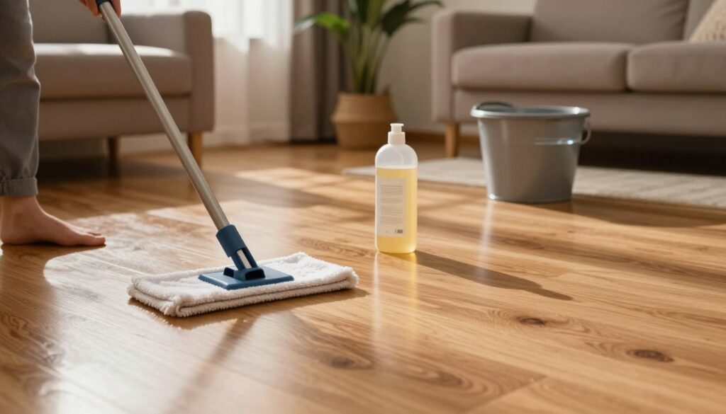 A beautifully polished wooden floor showcasing its natural glow and rich color, reflecting soft diffused sunlight from a nearby window. In the foreground, a pair of hands gently mopping the floor with a high-quality microfiber mop, showcasing the care taken in maintaining the wood. In the middle ground, a bottle of elegant wood cleaner sits open beside a small bucket of water, emphasizing a clean and organized cleaning process. In the background, a cozy living room with plush furniture and ornamental plants enhances the warm ambiance. The lighting is warm and inviting, casting soft shadows that highlight the floor's texture, creating an atmosphere of tranquility and meticulous attention to detail. A beautifully polished wooden floor showcasing its natural glow and rich color, reflecting soft diffused sunlight from a nearby window. In the foreground, a pair of hands gently mopping the floor with a high-quality microfiber mop, showcasing the care taken in maintaining the wood. In the middle ground, a bottle of elegant wood cleaner sits open beside a small bucket of water, emphasizing a clean and organized cleaning process. In the background, a cozy living room with plush furniture and ornamental plants enhances the warm ambiance. The lighting is warm and inviting, casting soft shadows that highlight the floor's texture, creating an atmosphere of tranquility and meticulous attention to detail.