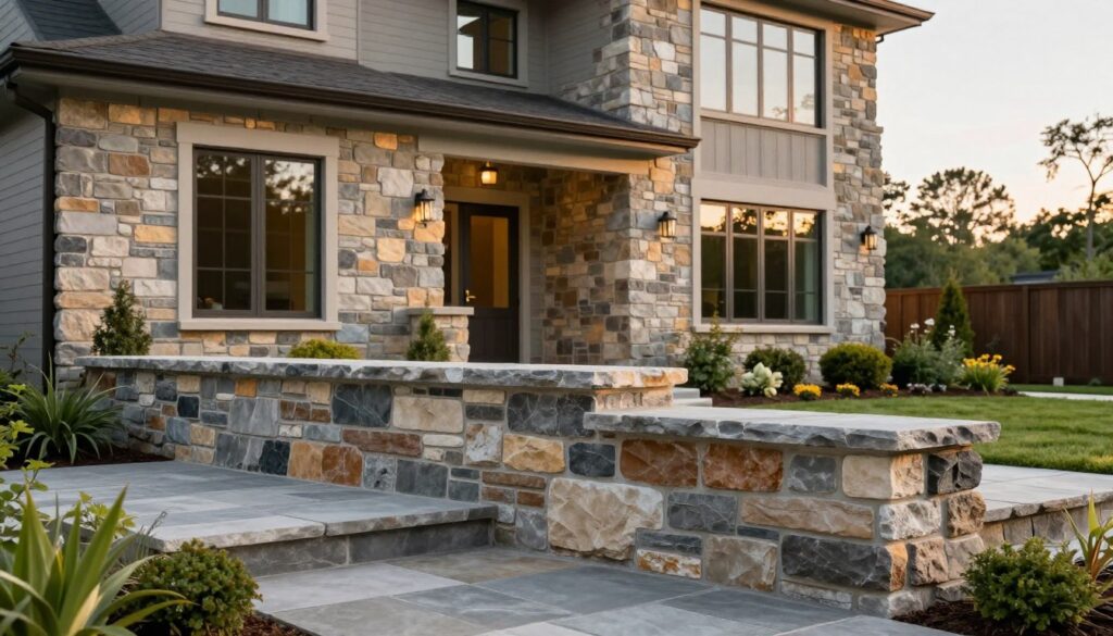 A beautifully styled exterior view showcasing a home with a combination of natural and artificial stone cladding. In the foreground, a variety of textured stone pieces are arranged artistically, highlighting shades of gray, beige, and brown. The middle ground features the elegantly designed facade of the house, with stone elements integrated harmoniously, framing large windows that reflect soft sunlight. Lush green landscaping surrounds the home, enhancing its visual appeal. In the background, a soft focus on distant trees adds depth to the scene. The lighting is warm and inviting, suggesting a late afternoon ambiance, while a slightly elevated angle captures the intricate details of the stonework, emphasizing durability and aesthetic charm. The overall mood is sophisticated yet welcoming, perfect for illustrating a quality home exterior. A beautifully styled exterior view showcasing a home with a combination of natural and artificial stone cladding. In the foreground, a variety of textured stone pieces are arranged artistically, highlighting shades of gray, beige, and brown. The middle ground features the elegantly designed facade of the house, with stone elements integrated harmoniously, framing large windows that reflect soft sunlight. Lush green landscaping surrounds the home, enhancing its visual appeal. In the background, a soft focus on distant trees adds depth to the scene. The lighting is warm and inviting, suggesting a late afternoon ambiance, while a slightly elevated angle captures the intricate details of the stonework, emphasizing durability and aesthetic charm. The overall mood is sophisticated yet welcoming, perfect for illustrating a quality home exterior.