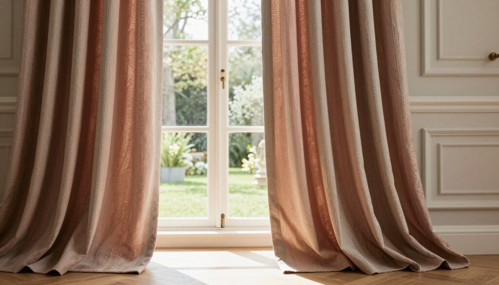 A beautifully styled interior scene featuring elegant curtains measuring exactly to floor length. In the foreground, the soft, flowing fabric of the curtains drapes gracefully, displaying intricate patterns and rich colors. The middle ground showcases a pristine window with a view of a serene garden, filtered sunlight casting gentle shadows across the room. The background includes subtle, stylish decor elements that enhance the ambiance, without drawing attention away from the curtains. Utilize soft, diffused lighting for a warm and inviting atmosphere, capturing the fabric's texture and the play of light beautifully. The angle should be slightly from below, emphasizing the curtains as they elegantly cascade toward the floor, illustrating precision in measurement and design. A beautifully styled interior scene featuring elegant curtains measuring exactly to floor length. In the foreground, the soft, flowing fabric of the curtains drapes gracefully, displaying intricate patterns and rich colors. The middle ground showcases a pristine window with a view of a serene garden, filtered sunlight casting gentle shadows across the room. The background includes subtle, stylish decor elements that enhance the ambiance, without drawing attention away from the curtains. Utilize soft, diffused lighting for a warm and inviting atmosphere, capturing the fabric's texture and the play of light beautifully. The angle should be slightly from below, emphasizing the curtains as they elegantly cascade toward the floor, illustrating precision in measurement and design.