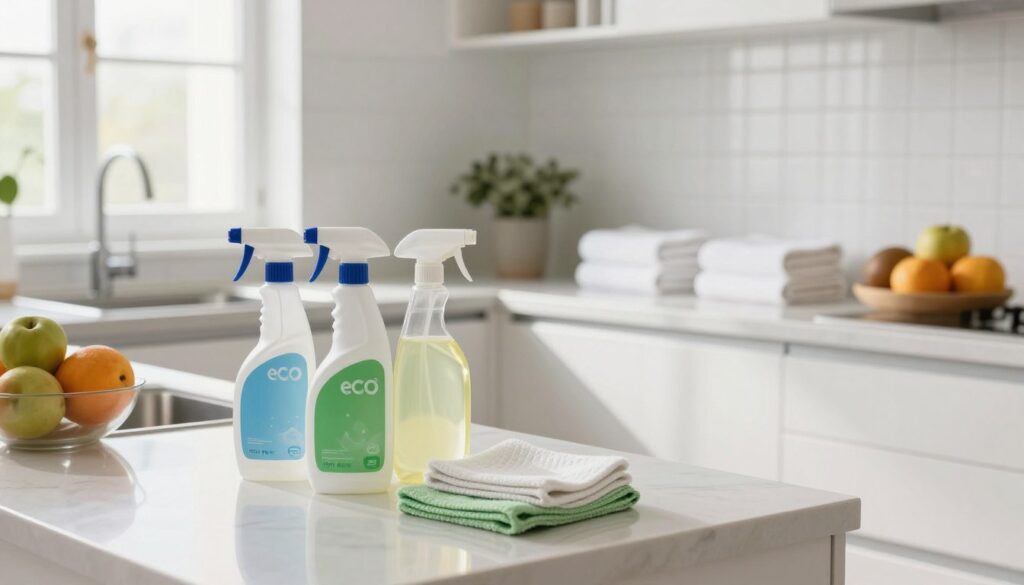 A bright and airy modern kitchen and bathroom, showcasing effective cleanliness techniques. In the foreground, neatly organized cleaning supplies like eco-friendly sprays and microfiber cloths are displayed on a smooth countertop. The kitchen features shiny surfaces, a bowl of fresh fruit, and a well-maintained sink, all bathed in natural light streaming through a window. Transitioning to the middle ground, a tidy bathroom with clean white tiles, a neatly arranged vanity, and fresh towels folded perfectly. Soft, diffused lighting enhances the serene ambiance. In the background, subtle greenery peeks through, adding a touch of life. This composition evokes a sense of order and tranquility, inspiring viewers to maintain cleanliness in their own homes. A bright and airy modern kitchen and bathroom, showcasing effective cleanliness techniques. In the foreground, neatly organized cleaning supplies like eco-friendly sprays and microfiber cloths are displayed on a smooth countertop. The kitchen features shiny surfaces, a bowl of fresh fruit, and a well-maintained sink, all bathed in natural light streaming through a window. Transitioning to the middle ground, a tidy bathroom with clean white tiles, a neatly arranged vanity, and fresh towels folded perfectly. Soft, diffused lighting enhances the serene ambiance. In the background, subtle greenery peeks through, adding a touch of life. This composition evokes a sense of order and tranquility, inspiring viewers to maintain cleanliness in their own homes.
