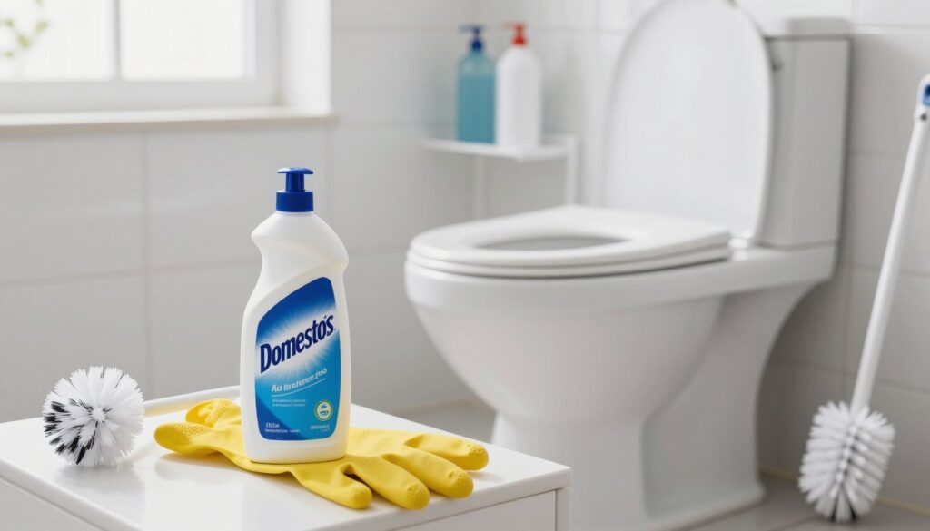 A bright and clean bathroom scene focusing on effective toilet disinfection. In the foreground, a bottle of Domestos, prominently displayed next to rubber gloves and a toilet brush, ready for use. In the middle, a sparkling white toilet bowl gleams, showcasing the results of thorough cleaning. The surrounding tiles are pristine, reflecting soft natural light from a nearby window. In the background, there are neatly arranged cleaning supplies on a shelf, contributing to an organized atmosphere. The mood is fresh and hygienic, emphasizing cleanliness and attention to detail. The perspective is slightly angled, creating depth, highlighting the importance of proper toilet care in a domestic setting. A bright and clean bathroom scene focusing on effective toilet disinfection. In the foreground, a bottle of Domestos, prominently displayed next to rubber gloves and a toilet brush, ready for use. In the middle, a sparkling white toilet bowl gleams, showcasing the results of thorough cleaning. The surrounding tiles are pristine, reflecting soft natural light from a nearby window. In the background, there are neatly arranged cleaning supplies on a shelf, contributing to an organized atmosphere. The mood is fresh and hygienic, emphasizing cleanliness and attention to detail. The perspective is slightly angled, creating depth, highlighting the importance of proper toilet care in a domestic setting.