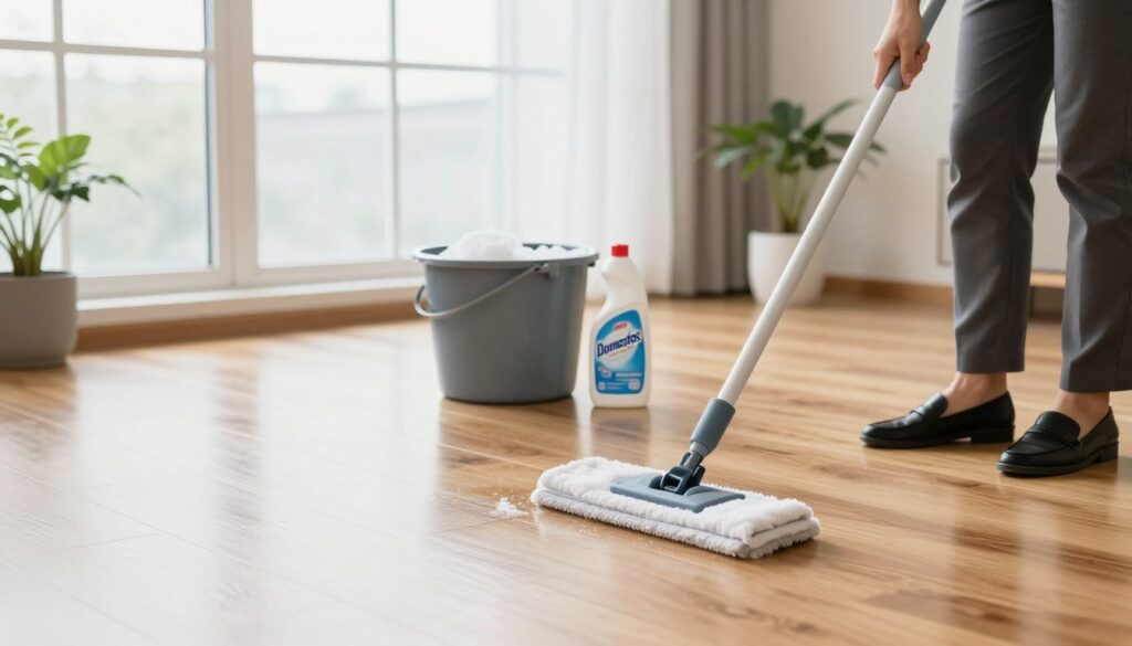 A bright and clean domestic scene depicting floor cleaning in progress. In the foreground, a person in professional business attire is using a mop to clean a shiny hardwood floor. The middle layer showcases a bucket filled with soapy water and a bottle of Domestos prominently placed nearby. In the background, large windows let in soft, natural light, illuminating the room and enhancing the fresh and hygienic ambiance. The decor is minimalistic with a modern touch, featuring potted plants and neutral-colored walls. The angle is slightly elevated, providing a clear view of the floor being cleaned, conveying a sense of orderliness and effectiveness in maintaining a clean home. The overall mood is serene and productive. A bright and clean domestic scene depicting floor cleaning in progress. In the foreground, a person in professional business attire is using a mop to clean a shiny hardwood floor. The middle layer showcases a bucket filled with soapy water and a bottle of Domestos prominently placed nearby. In the background, large windows let in soft, natural light, illuminating the room and enhancing the fresh and hygienic ambiance. The decor is minimalistic with a modern touch, featuring potted plants and neutral-colored walls. The angle is slightly elevated, providing a clear view of the floor being cleaned, conveying a sense of orderliness and effectiveness in maintaining a clean home. The overall mood is serene and productive.