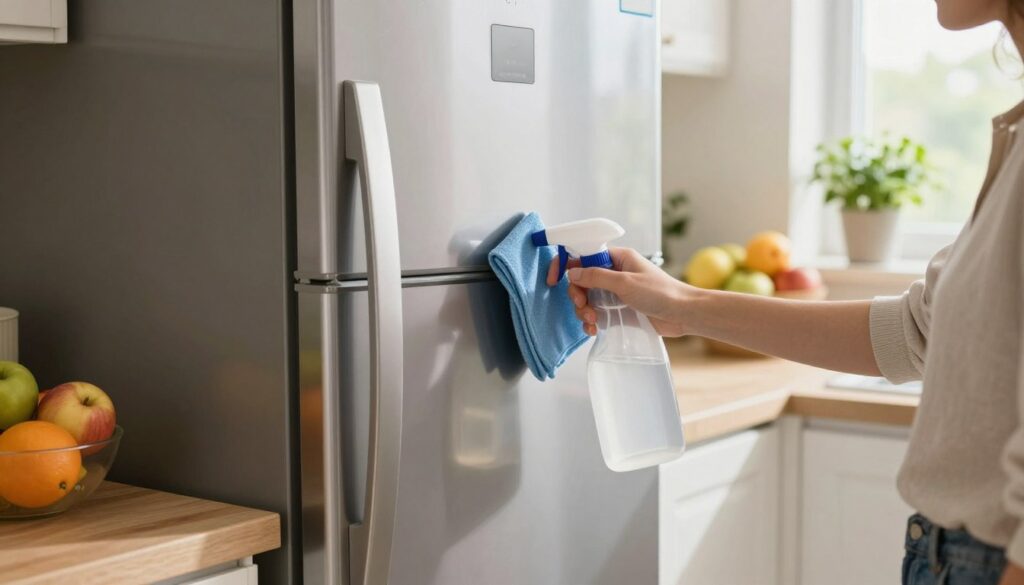 A bright and clean kitchen interior featuring a person in modest casual clothing diligently cleaning the exterior of a stainless steel refrigerator. The foreground focuses on the person using a spray cleaner and a microfiber cloth, showcasing their meticulous effort. In the middle, the gleaming refrigerator stands out, reflecting the surrounding soft, natural light that fills the space. The background includes organized kitchen elements like colorful fruits in a bowl on a counter and potted herbs on a windowsill, creating a welcoming atmosphere. The scene radiates freshness and hygiene, emphasizing the importance of maintaining a clean and odor-free refrigerator. The composition is slightly angled to highlight the refrigerator's sleek design and the cleaning process, with warm, inviting lighting that enhances the overall mood. A bright and clean kitchen interior featuring a person in modest casual clothing diligently cleaning the exterior of a stainless steel refrigerator. The foreground focuses on the person using a spray cleaner and a microfiber cloth, showcasing their meticulous effort. In the middle, the gleaming refrigerator stands out, reflecting the surrounding soft, natural light that fills the space. The background includes organized kitchen elements like colorful fruits in a bowl on a counter and potted herbs on a windowsill, creating a welcoming atmosphere. The scene radiates freshness and hygiene, emphasizing the importance of maintaining a clean and odor-free refrigerator. The composition is slightly angled to highlight the refrigerator's sleek design and the cleaning process, with warm, inviting lighting that enhances the overall mood.