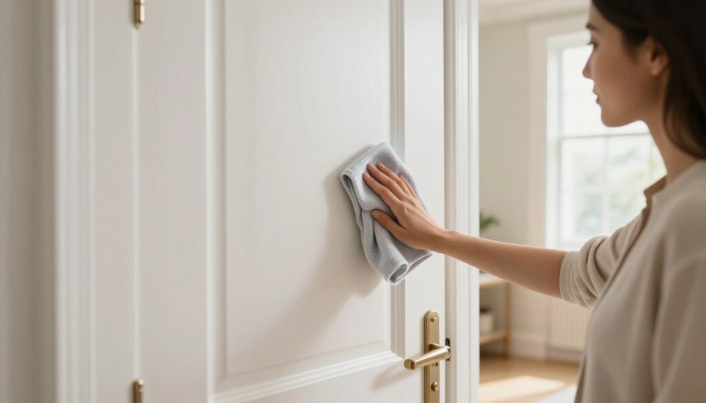 A bright and inviting interior scene depicting an elegant white interior door in a well-lit hallway. In the foreground, a woman dressed in modest casual clothing gently wipes the door with a microfiber cloth, showcasing her careful attention to detail. The middle section features the door's refined design with its pristine white finish, highlighting its surface without smudges or yellowness. On the background, soft, natural light streams in through a nearby window, creating a warm atmosphere that accentuates the cleanliness of the space. The angle captures a slight perspective view, emphasizing the door's height and sophistication while showcasing the commitment to daily care and dust removal. The overall mood is calm, organized, and meticulous.