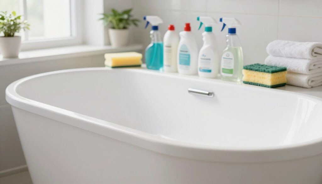 A bright, clean bathroom featuring an elegant white acrylic bathtub as the central focus, showcasing its smooth, delicate surface. The foreground highlights the bathtub’s pristine edge, illuminated by soft, natural light streaming in from a nearby window. The middle ground includes a variety of non-abrasive cleaning products, such as gentle sponges and eco-friendly sprays, neatly arranged next to the tub, emphasizing safe cleaning practices. The background reveals tasteful bathroom decor, such as potted plants and soft towels, creating a serene and hygienic atmosphere. The overall mood is fresh and inviting, illustrating a harmonious space where care is taken to maintain the integrity of the acrylic surface. The perspective is slightly angled to capture both the tub and cleaning tools effectively. A bright, clean bathroom featuring an elegant white acrylic bathtub as the central focus, showcasing its smooth, delicate surface. The foreground highlights the bathtub’s pristine edge, illuminated by soft, natural light streaming in from a nearby window. The middle ground includes a variety of non-abrasive cleaning products, such as gentle sponges and eco-friendly sprays, neatly arranged next to the tub, emphasizing safe cleaning practices. The background reveals tasteful bathroom decor, such as potted plants and soft towels, creating a serene and hygienic atmosphere. The overall mood is fresh and inviting, illustrating a harmonious space where care is taken to maintain the integrity of the acrylic surface. The perspective is slightly angled to capture both the tub and cleaning tools effectively.