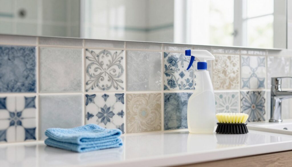 A bright, modern bathroom scene featuring a variety of stylish ceramic tiles in different colors and patterns, arranged neatly on a clean countertop. In the foreground, showcase cleaning tools like a microfiber cloth, a spray bottle, and a scrub brush, emphasizing their practicality for tile care, all placed artistically. The middle ground includes the tiled wall, reflecting light, illustrating the shine and texture of the tiles. The background shows a blurred mirror and soft natural light streaming through a window, creating a fresh and inviting atmosphere. The angle is slightly above eye level, capturing the entire setup harmoniously. Ensure the image is vivid and showcases cleanliness, reflecting an ideal cleaning environment. A bright, modern bathroom scene featuring a variety of stylish ceramic tiles in different colors and patterns, arranged neatly on a clean countertop. In the foreground, showcase cleaning tools like a microfiber cloth, a spray bottle, and a scrub brush, emphasizing their practicality for tile care, all placed artistically. The middle ground includes the tiled wall, reflecting light, illustrating the shine and texture of the tiles. The background shows a blurred mirror and soft natural light streaming through a window, creating a fresh and inviting atmosphere. The angle is slightly above eye level, capturing the entire setup harmoniously. Ensure the image is vivid and showcases cleanliness, reflecting an ideal cleaning environment.
