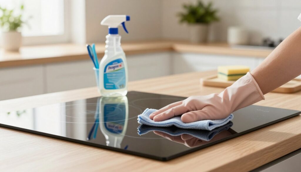 A bright, modern kitchen scene featuring a pristine glass induction cooktop being cleaned. In the foreground, a pair of hands, wearing protective gloves, gently wipe the surface with a soft microfiber cloth, ensuring no scratches. The middle features a neatly arranged cleaning kit, including a non-abrasive cleaning solution and a few tools designed for maintaining glass surfaces. The background is softly blurred, highlighting light-colored cabinets and a touch of greenery from a potted plant, creating a fresh and inviting atmosphere. The lighting is warm and natural, coming from a nearby window, enhancing the cleanliness and detail of the cooktop. The overall mood is calm and focused, emphasizing the importance of maintaining the induction cooktop without scratches. A bright, modern kitchen scene featuring a pristine glass induction cooktop being cleaned. In the foreground, a pair of hands, wearing protective gloves, gently wipe the surface with a soft microfiber cloth, ensuring no scratches. The middle features a neatly arranged cleaning kit, including a non-abrasive cleaning solution and a few tools designed for maintaining glass surfaces. The background is softly blurred, highlighting light-colored cabinets and a touch of greenery from a potted plant, creating a fresh and inviting atmosphere. The lighting is warm and natural, coming from a nearby window, enhancing the cleanliness and detail of the cooktop. The overall mood is calm and focused, emphasizing the importance of maintaining the induction cooktop without scratches.