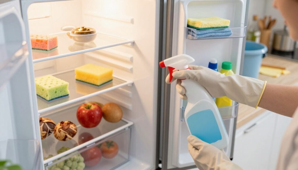 A bright, well-lit kitchen scene featuring a refrigerator being prepared for cleaning. In the foreground, show an open refrigerator with shelves removed and various food items neatly organized on a kitchen counter. A pair of hands wearing gloves holds a bottle of cleaning solution, preparing to spray the interior. In the middle, display the refrigerator with its interior illuminated, emphasizing the importance of hygiene. In the background, there are cleaning supplies like sponges, cloths, and a bucket, adding to the sense of a cleaning project. The lighting is warm and inviting, creating a fresh and clean atmosphere, while the angle offers a slightly elevated view, capturing the scene's depth and focus on the preparation process. A bright, well-lit kitchen scene featuring a refrigerator being prepared for cleaning. In the foreground, show an open refrigerator with shelves removed and various food items neatly organized on a kitchen counter. A pair of hands wearing gloves holds a bottle of cleaning solution, preparing to spray the interior. In the middle, display the refrigerator with its interior illuminated, emphasizing the importance of hygiene. In the background, there are cleaning supplies like sponges, cloths, and a bucket, adding to the sense of a cleaning project. The lighting is warm and inviting, creating a fresh and clean atmosphere, while the angle offers a slightly elevated view, capturing the scene's depth and focus on the preparation process.