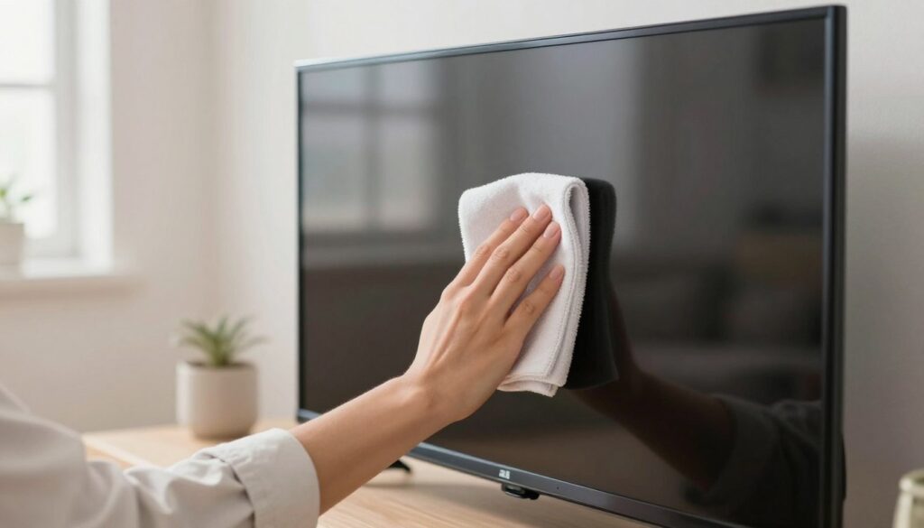 A bright, well-lit living room scene focusing on a close-up of a person gently cleaning a flat-screen plasma television. The foreground features a microfiber cloth in their hand, carefully wiping the screen, showcasing careful attention to detail. The middle ground includes the sleek, modern television displaying minimal reflections, emphasizing the cleanliness being achieved. In the background, soft natural light filters through a nearby window, enhancing the tranquil atmosphere of the space. The person is dressed in modest casual clothing, creating a relatable and clean aesthetic. Light shadows add depth to the image, evoking a sense of care and love for maintaining household items. The overall mood is calm and inviting, perfect for a home cleaning setting.