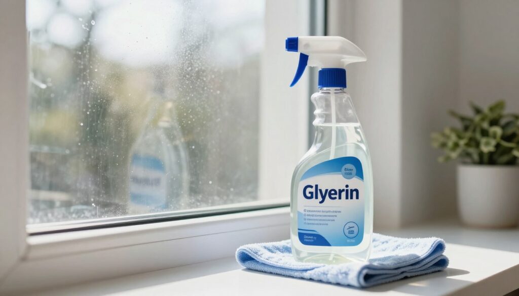 A clean and inviting indoor environment featuring a modern glass window with glistening surfaces, showcasing the effectiveness of glycerin for window cleaning. In the foreground, a stylish bottle labeled "Glycerin" is prominently displayed, partially filled with a clear, viscous liquid, surrounded by a microfiber cloth. In the middle ground, the gleaming window reflects bright sunlight streaming in, enhancing the clarity of the glass. In the background, a well-kept indoor scene includes subtle plant decor and soft, diffused light coming through the window, contributing to a fresh and uplifting atmosphere. The overall mood conveys cleanliness and precision, ideal for illustrating effective window cleaning methods without streaks. A clean and inviting indoor environment featuring a modern glass window with glistening surfaces, showcasing the effectiveness of glycerin for window cleaning. In the foreground, a stylish bottle labeled "Glycerin" is prominently displayed, partially filled with a clear, viscous liquid, surrounded by a microfiber cloth. In the middle ground, the gleaming window reflects bright sunlight streaming in, enhancing the clarity of the glass. In the background, a well-kept indoor scene includes subtle plant decor and soft, diffused light coming through the window, contributing to a fresh and uplifting atmosphere. The overall mood conveys cleanliness and precision, ideal for illustrating effective window cleaning methods without streaks.