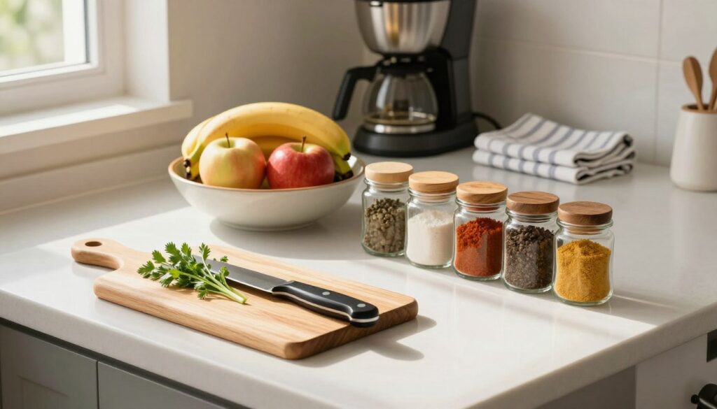 A clean and organized kitchen countertop, showcasing a well-arranged array of practical items. In the foreground, a wooden cutting board with fresh herbs and a knife, accompanied by a neat arrangement of colorful spices in glass jars. The middle layer features an elegant bowl of fruits, such as vibrant apples and bananas, enhancing the kitchen's liveliness. In the background, a stylish coffee maker sits beside a neatly folded kitchen towel, with soft lighting highlighting the textures and colors. The atmosphere is warm and inviting, with natural light streaming in from a nearby window, casting gentle shadows across the countertop to evoke a sense of calm and order. The scene conveys an ideal balance between functionality and aesthetics in kitchen organization. A clean and organized kitchen countertop, showcasing a well-arranged array of practical items. In the foreground, a wooden cutting board with fresh herbs and a knife, accompanied by a neat arrangement of colorful spices in glass jars. The middle layer features an elegant bowl of fruits, such as vibrant apples and bananas, enhancing the kitchen's liveliness. In the background, a stylish coffee maker sits beside a neatly folded kitchen towel, with soft lighting highlighting the textures and colors. The atmosphere is warm and inviting, with natural light streaming in from a nearby window, casting gentle shadows across the countertop to evoke a sense of calm and order. The scene conveys an ideal balance between functionality and aesthetics in kitchen organization.