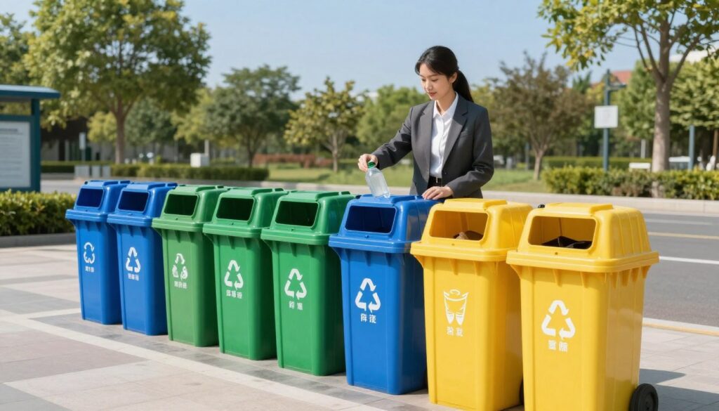 A clean and organized municipal waste sorting point depicted in a bright, sunlit outdoor setting. In the foreground, an array of color-coded recycling bins—blue for paper, green for glass, yellow for plastics—arranged in a neat row. In the middle ground, a professional worker in business attire guides visitors on how to sort their waste properly, demonstrating the correct disposal methods. The background features a well-maintained landscape with trees and a clear blue sky, enhancing the atmosphere of community engagement and environmental responsibility. Capture the scene from a slightly elevated angle to provide a comprehensive view, with natural lighting to emphasize the cleanliness and orderliness of the site, conveying a sense of organization and civic pride.