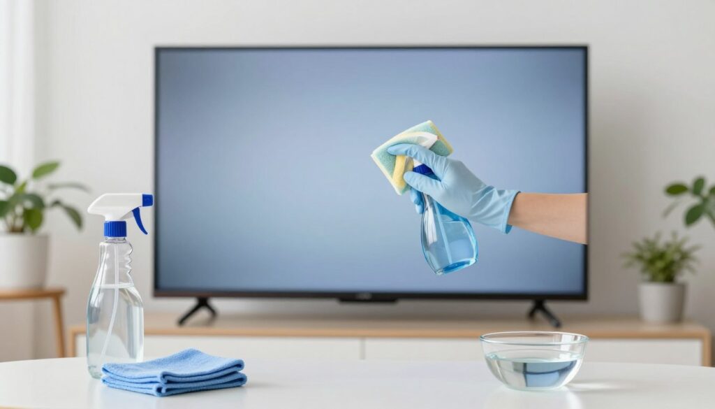 A clean and well-organized workspace featuring a step-by-step guide for cleaning a television screen. In the foreground, a table displays cleaning supplies: a microfiber cloth, a spray bottle filled with gentle cleaning solution, and a small bowl of distilled water. In the middle ground, a modern flat-screen television is prominently featured, showing a spotless screen reflecting soft natural light. The background includes a well-lit, bright living room setting with minimalistic decor and a few potted plants, creating a fresh and inviting atmosphere. The image captures a professional and instructional mood, emphasizing clarity in the cleaning process. Ensure no text or logos are present. A clean and well-organized workspace featuring a step-by-step guide for cleaning a television screen. In the foreground, a table displays cleaning supplies: a microfiber cloth, a spray bottle filled with gentle cleaning solution, and a small bowl of distilled water. In the middle ground, a modern flat-screen television is prominently featured, showing a spotless screen reflecting soft natural light. The background includes a well-lit, bright living room setting with minimalistic decor and a few potted plants, creating a fresh and inviting atmosphere. The image captures a professional and instructional mood, emphasizing clarity in the cleaning process. Ensure no text or logos are present.